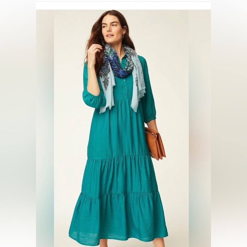 New J Jill size LP winter teal green tiered maxi shirt dress